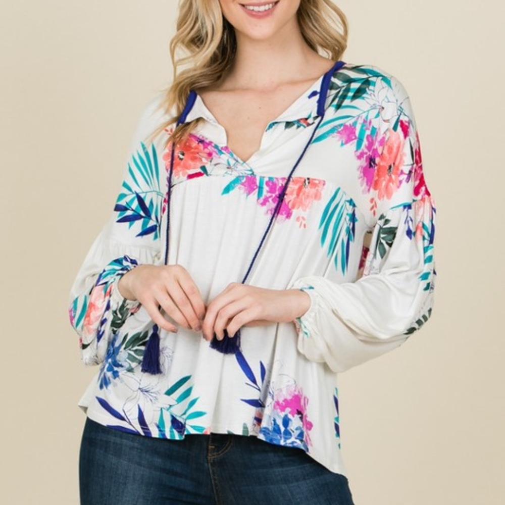 NWT Floral Print Top with Tassel Tie - Picture 3 of 7